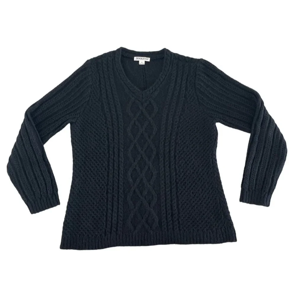 Pendleton Women's V-Neck Cableknit Sweater Black‎ Mohair Wool Size Medium